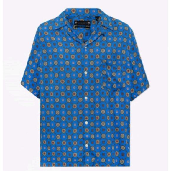 ALLSAINTS Emblem Patterned Relaxed Fit Short Sleeve Blue Shirt NOWT - Picture 4 of 7